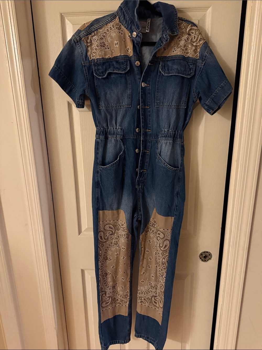 We The Free Denim Jumpsuit tricia fix with Tan Bandana Panels boho rodeo cowgirl